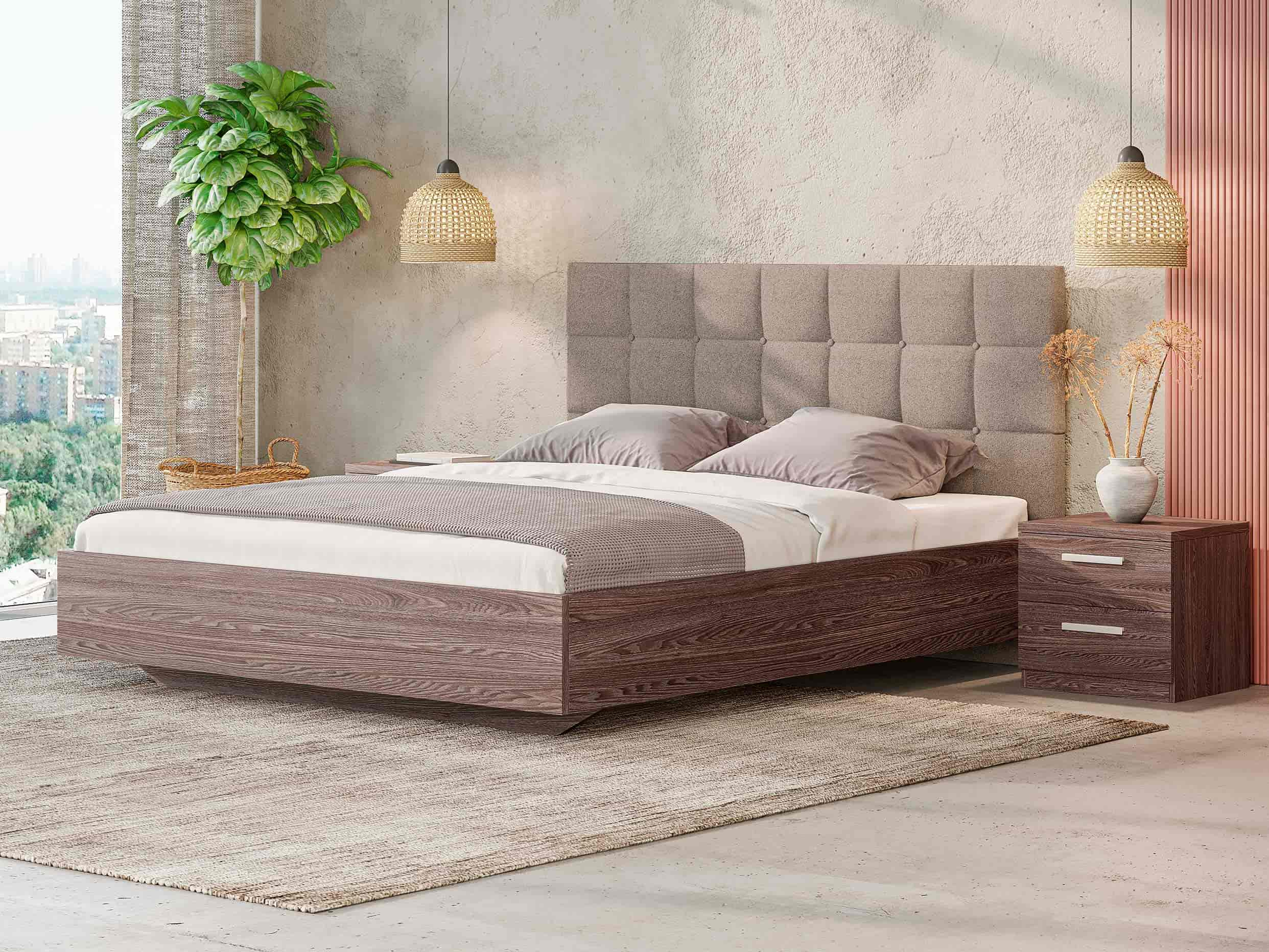 Комбинированные кровати для спальни с объемным изголовьем и деревянной основой