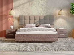 Комбинированные кровати для спальни с объемным изголовьем и деревянной основой